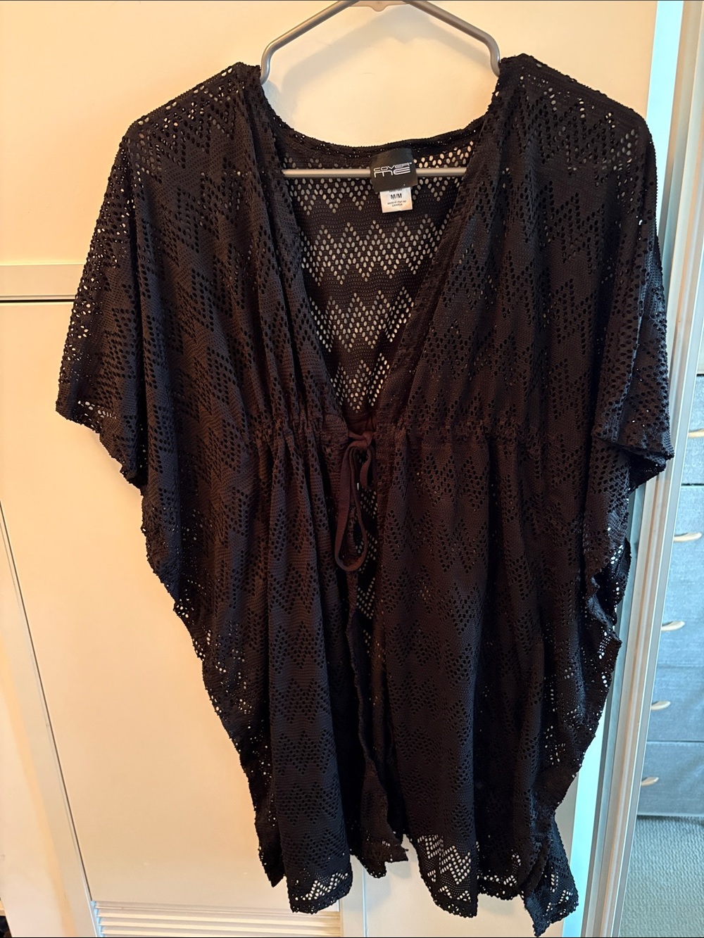 Open-Weave Tie-Front Tunic in Black